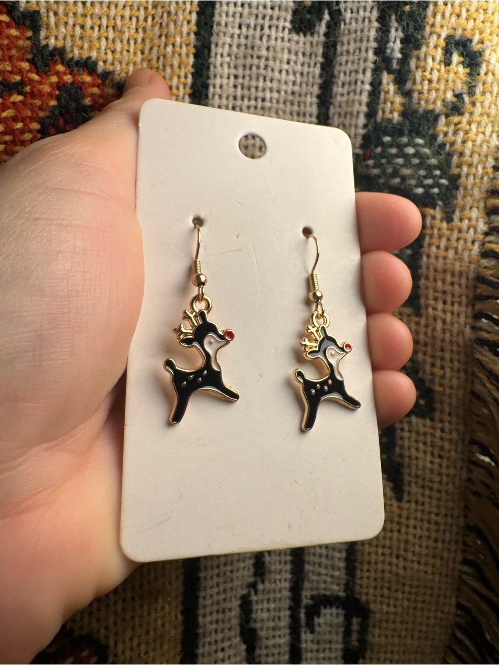 Gold-Tone Black Reindeer Drop Earrings with Red Nose